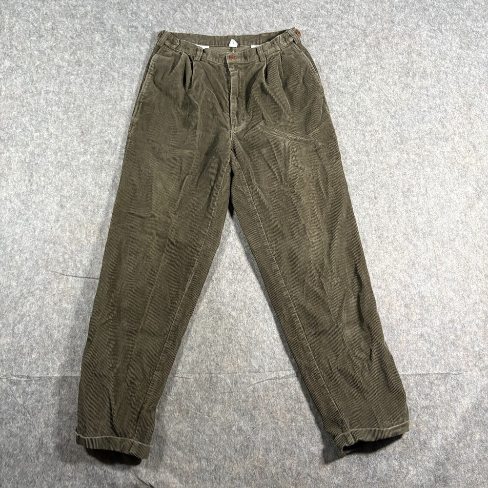 Izod Peak Men's Corduroy Pants Size 34 Army Green Pleated Front Adjustable Waist